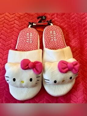 Hello Kitty White Plush Slippers with Hot Pink Bows